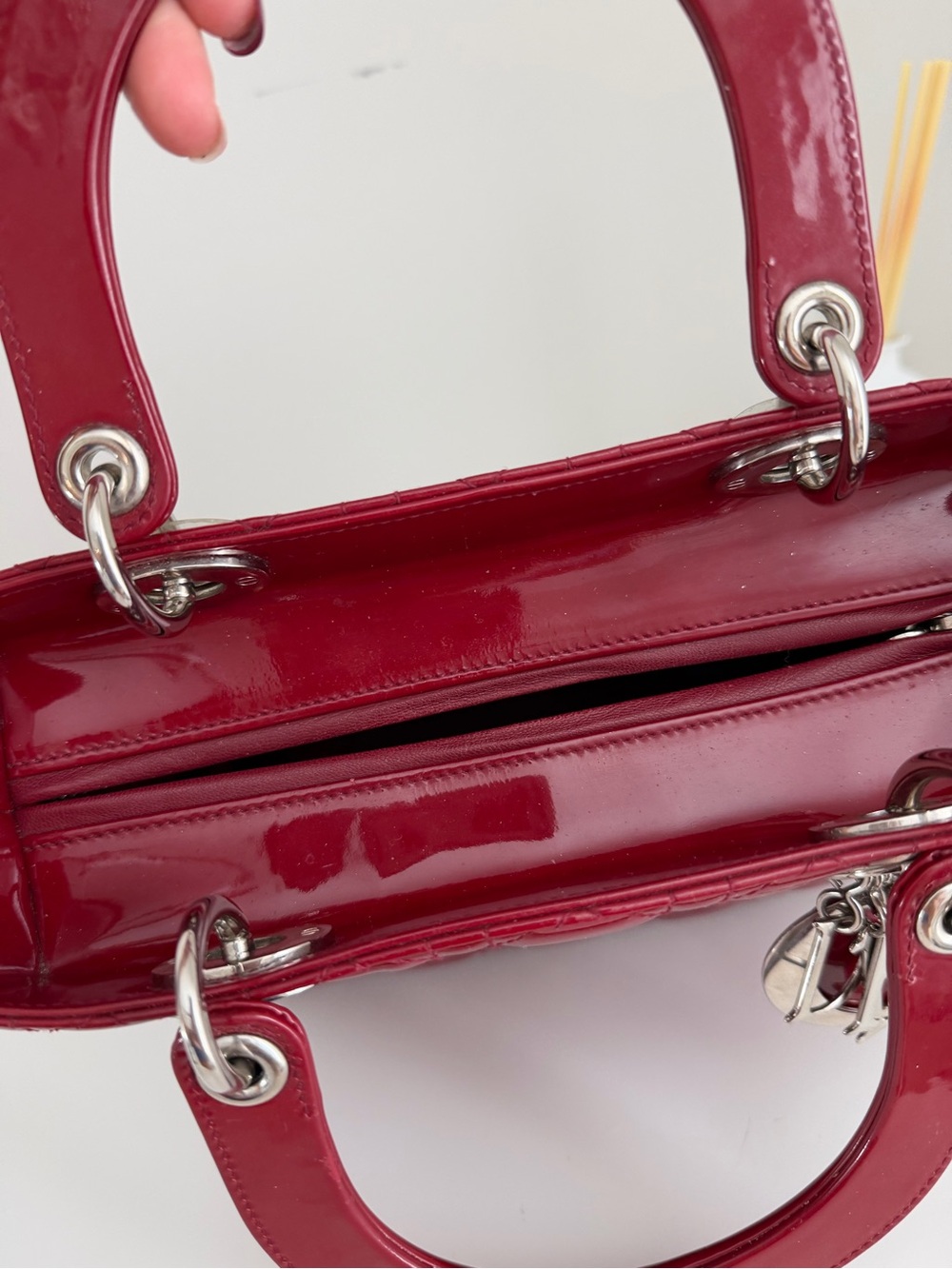 Lady Dior Red Patent Top-Handle Satchel with Silver Charm - Picture 6 of 8